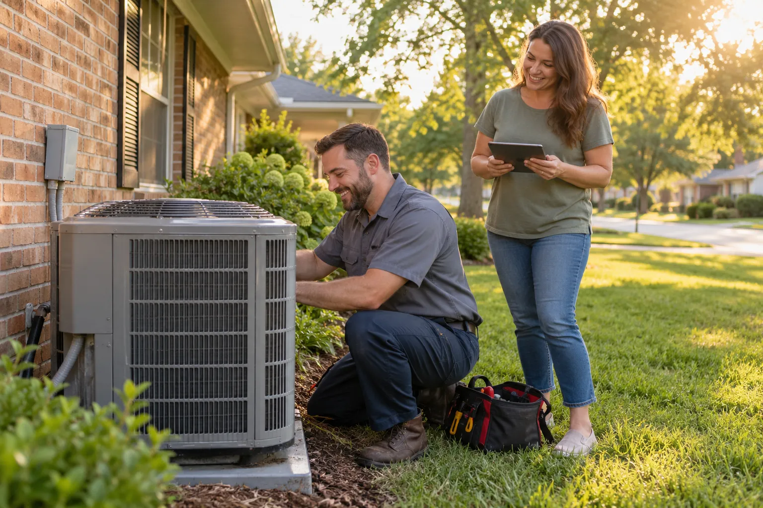 Friendly local HVAC provider checking an outdoor AC unit beside a brick ranch home in Dallas