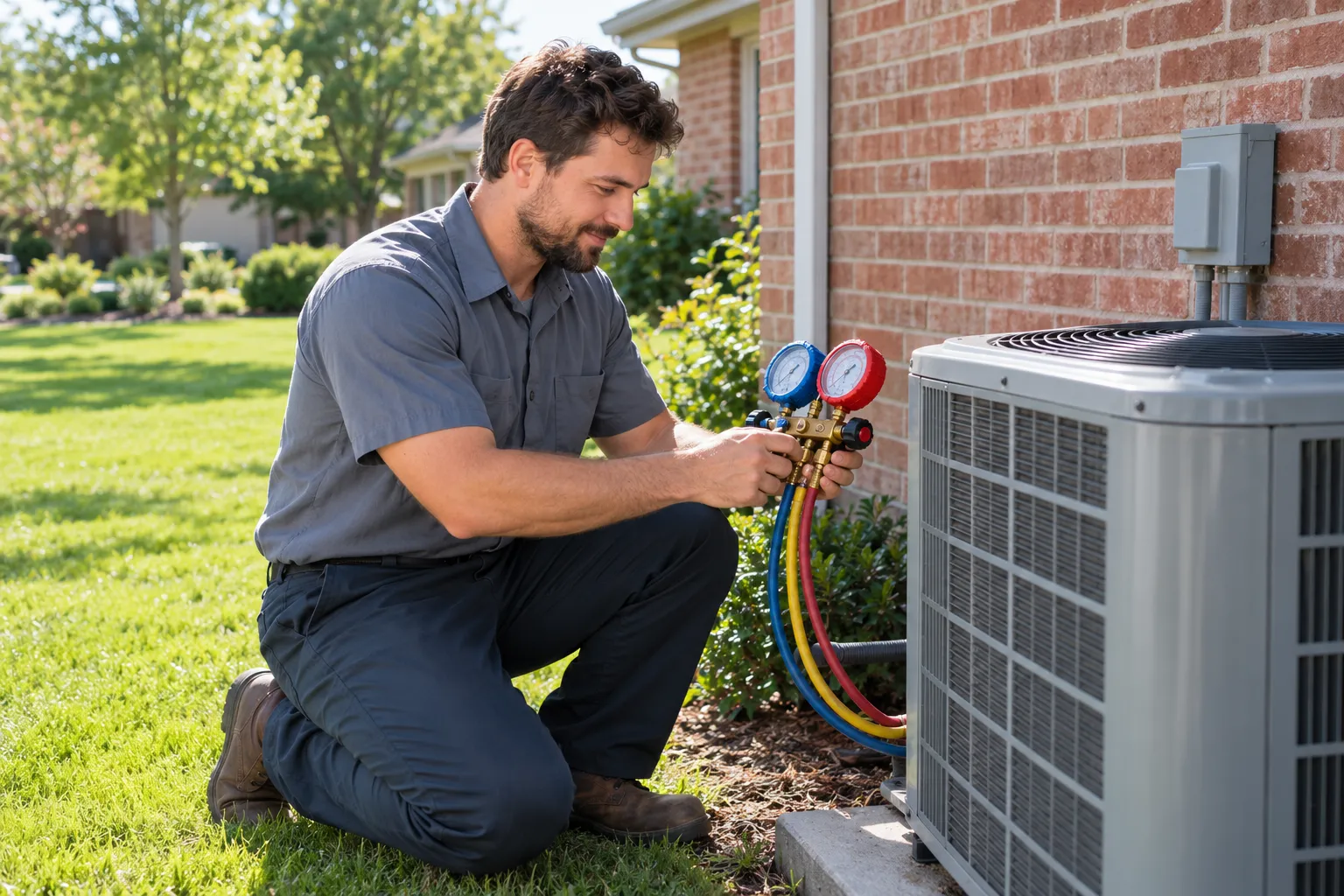 A provider inspecting an outdoor AC unit beside a brick home