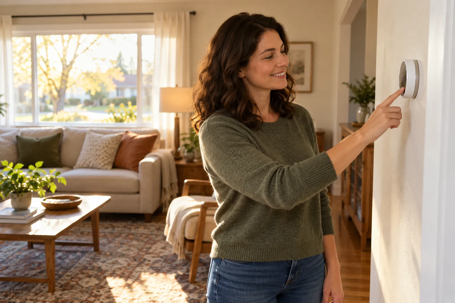 A homeowner checking a thermostat in a bright living room in Dallas